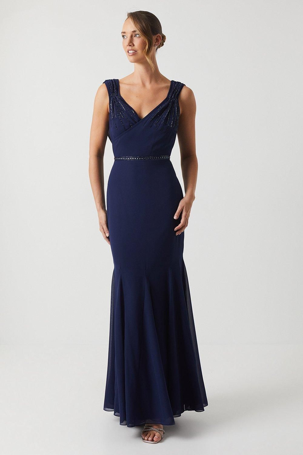 Cowl Back Chiffon Embellished Bridesmaid Dress