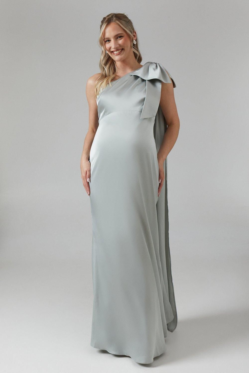 Maternity One Shoulder Bow Satin Maxi Bridesmaid Dress