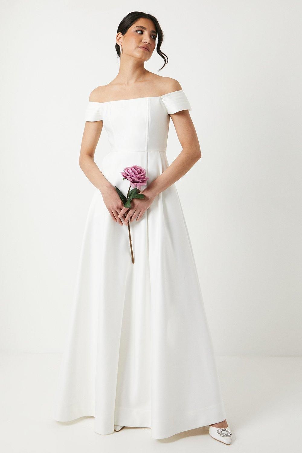 Structured Satin Bardot Full Skirted Wedding Dress