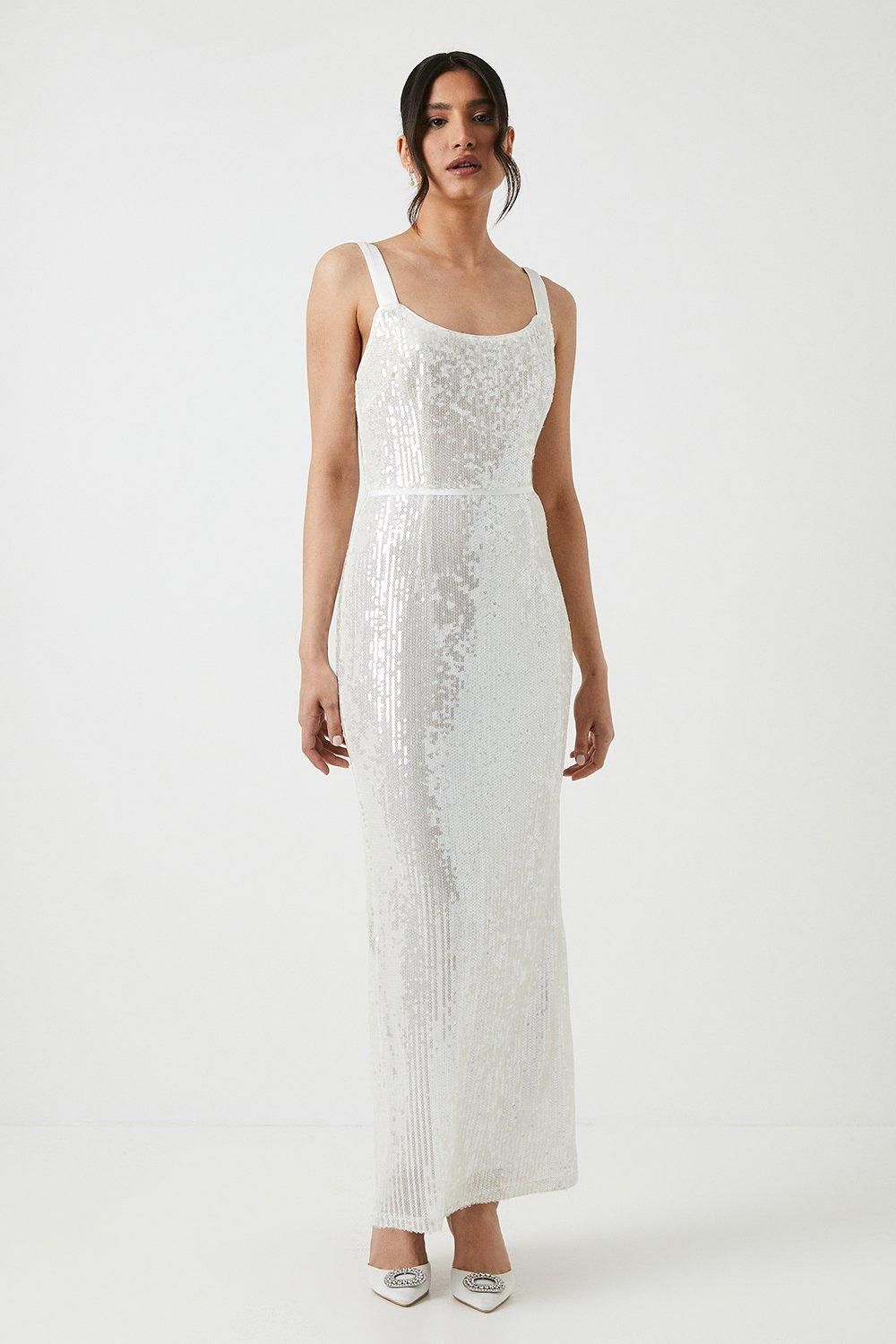 Tie Shoulder Sheer Sequin Column Wedding Dress
