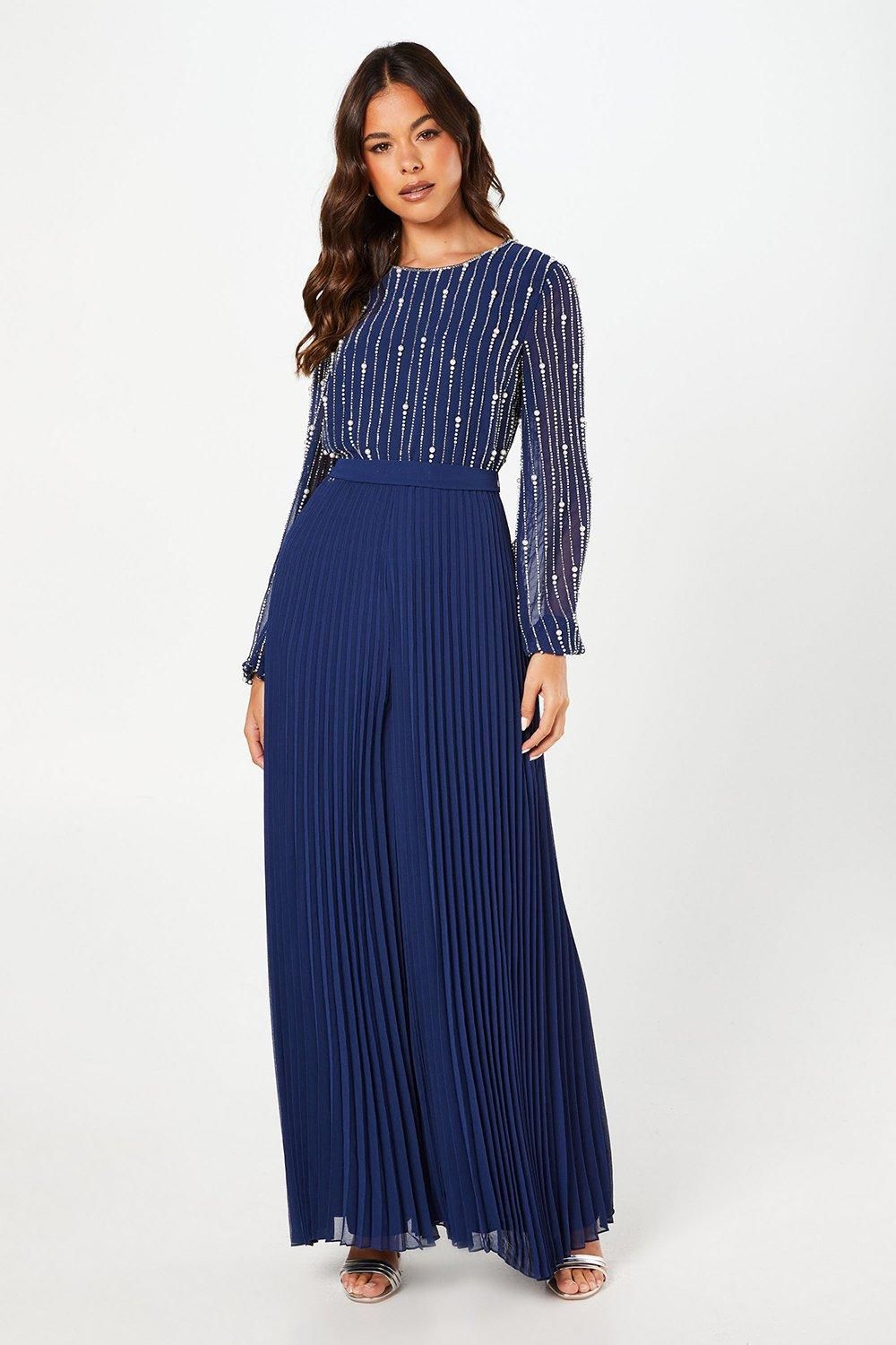 Party Embellished Long Sleeve Pleated Jumpsuit