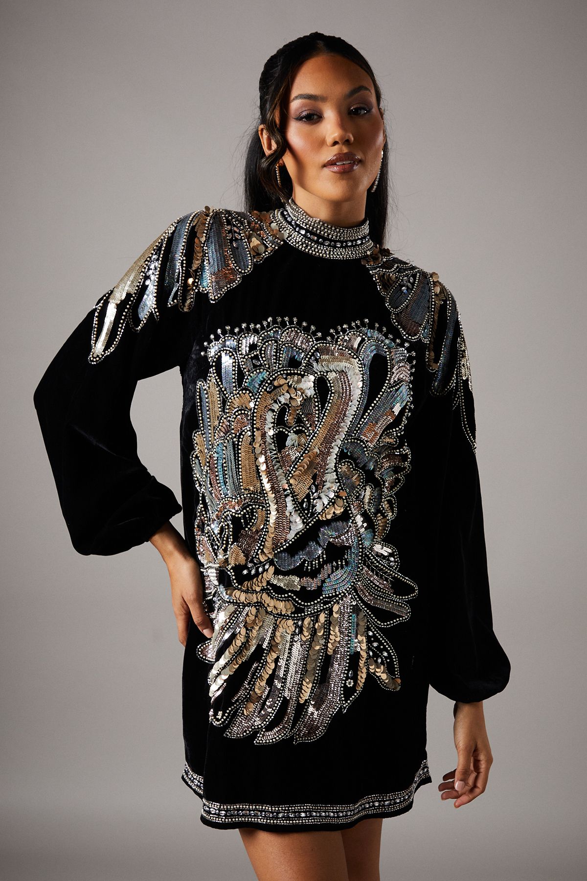 Party Sequin Long Sleeve Velvet Swing Dress