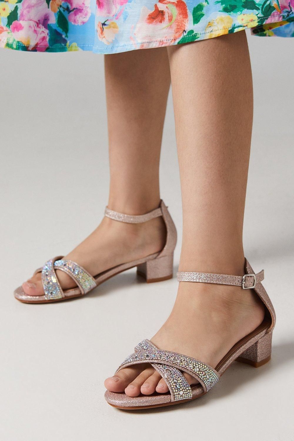 Flower Girl Elsa Diamante Cross Strap Low Heeled Sandals