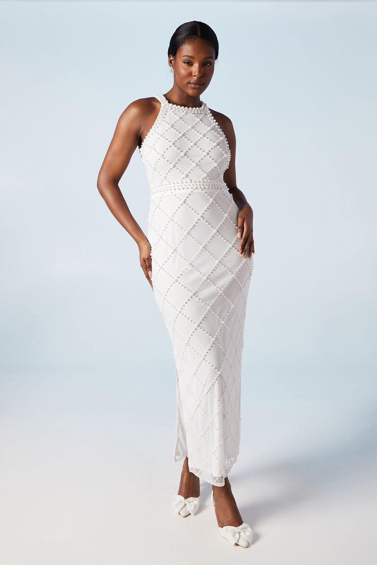 Geometric Halterneck Pearl Column Midi Wedding Dress