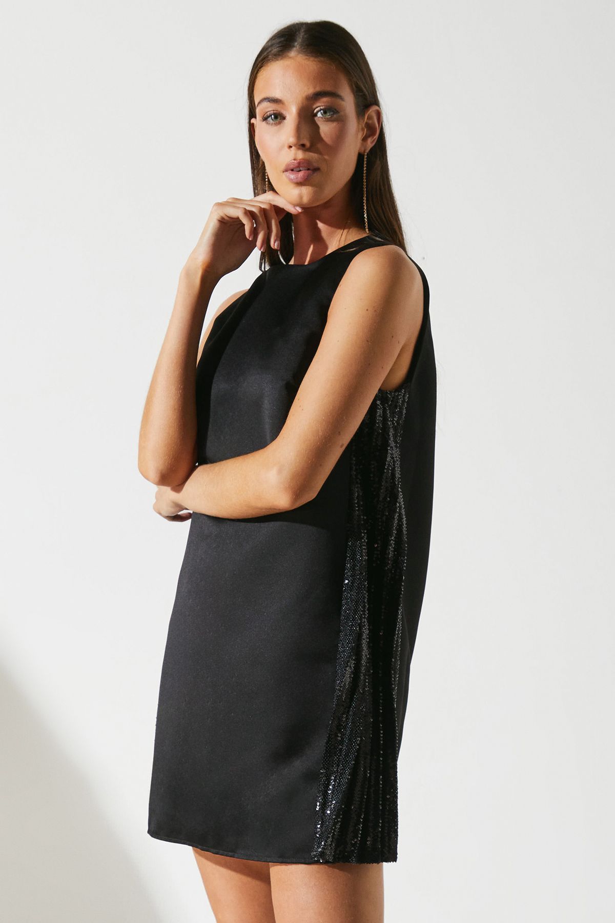 Party Satin Swing Dress With Sequin Trim