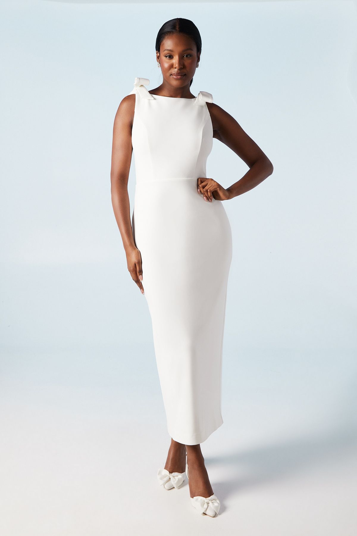 Bow Shoulder Crepe Bridal Column Dress