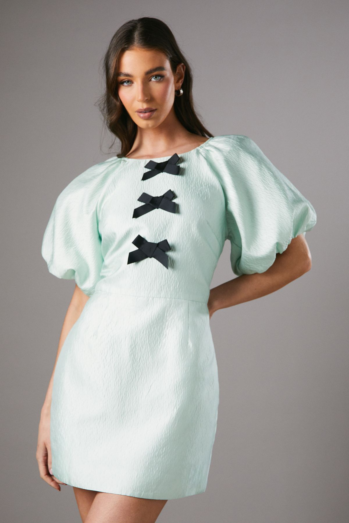 Short Sleeve Bow Detail Jacquard Mini Dress