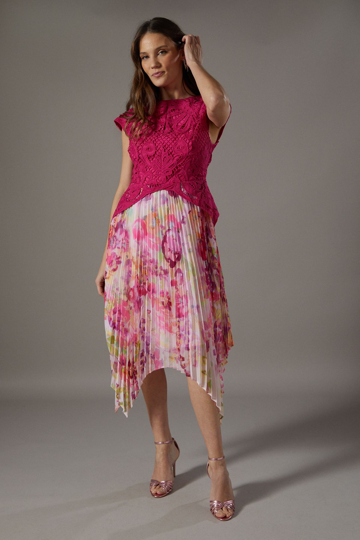 Printed Pleat And Lace Dress