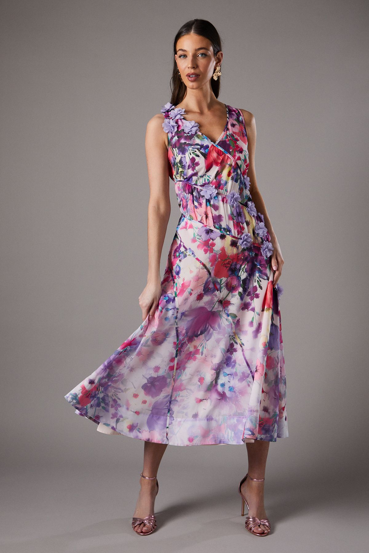 3d Flower Sleeveless Midi Dress