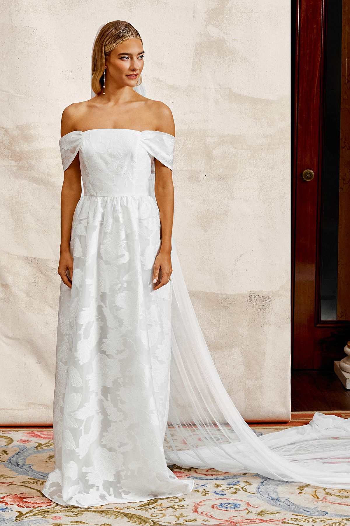 Bardot Organza Jacquard Full Skirted Wedding Dress