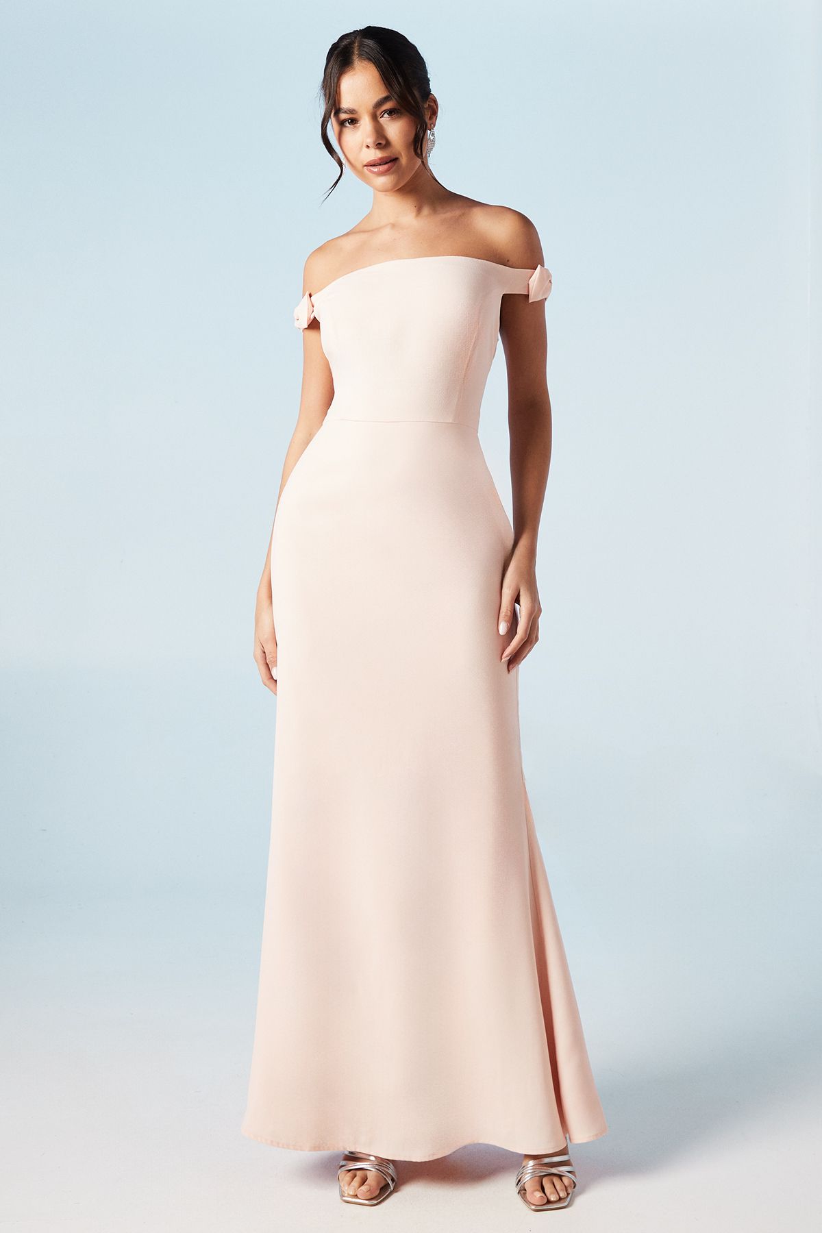 Bardot Bow Shoulder Crepe Fishtail Bridesmaid Maxi Dress