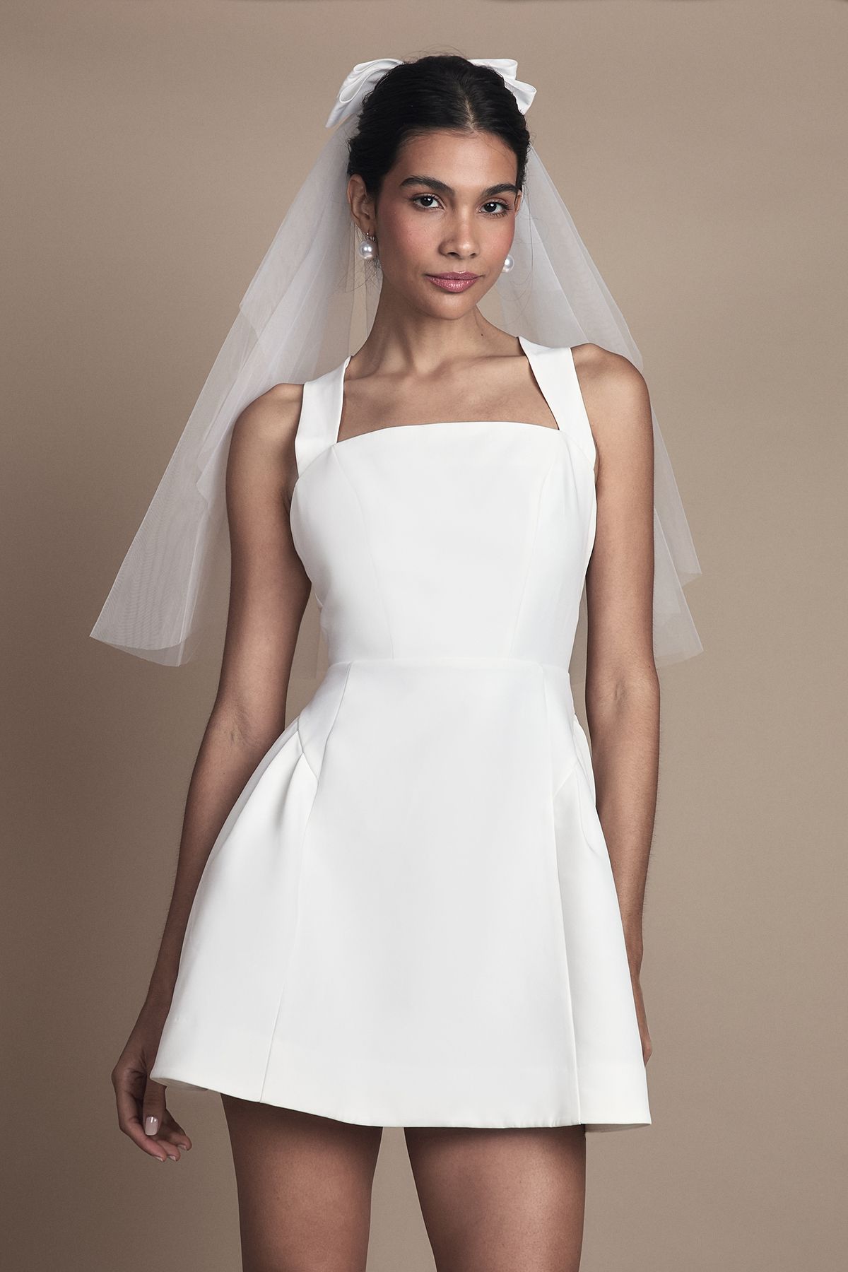 Petite Bow Back Structured Crepe Bridal Mini Dress