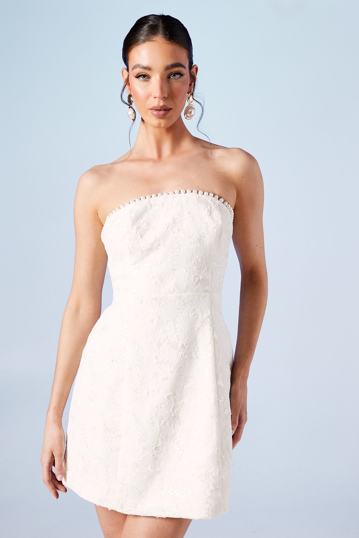 Pearl Detail Sequin Lace Bandeau Bridal Mini Dress