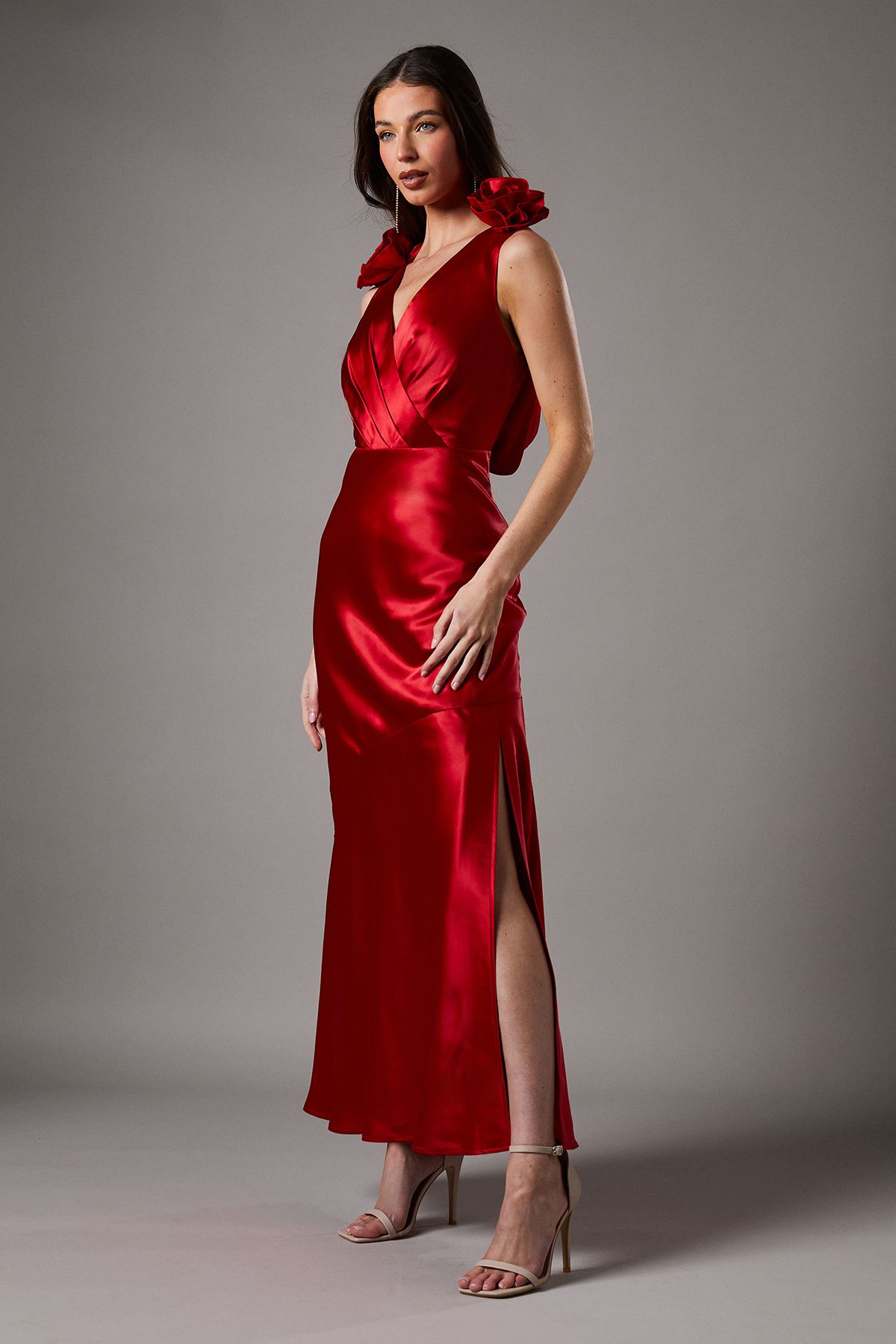 Statement Corsage Satin Maxi Dress