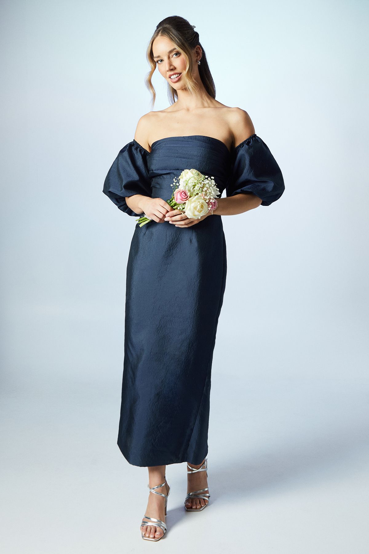 Bardot Puff Sleeve Textured Column Bridesmaid Dress