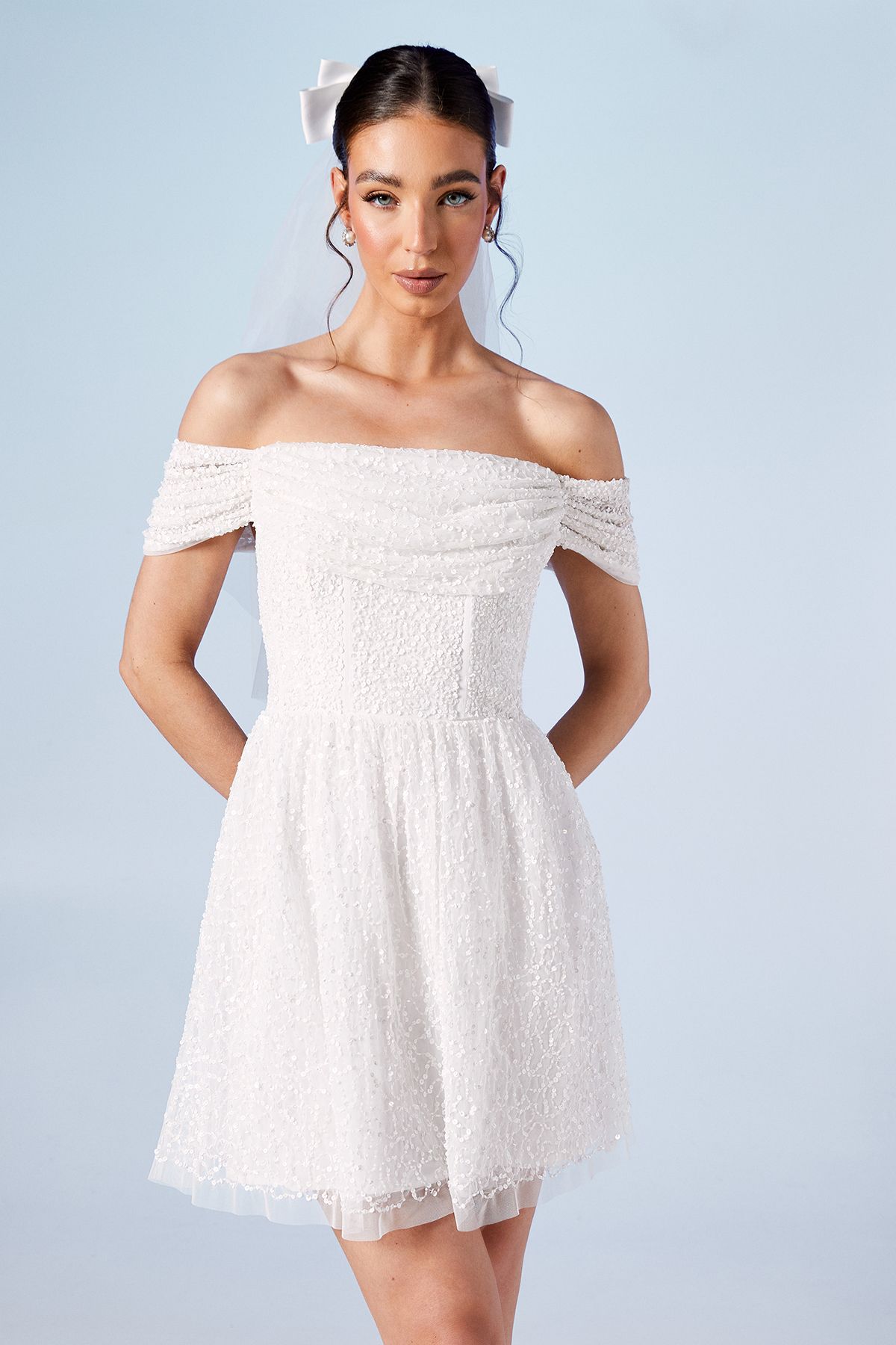 Bardot Full Skirted Embellished Bridal Mini Dress