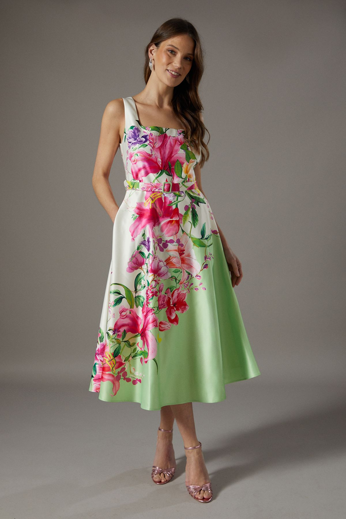 Belted Square Neck Placement Print Midi Dress