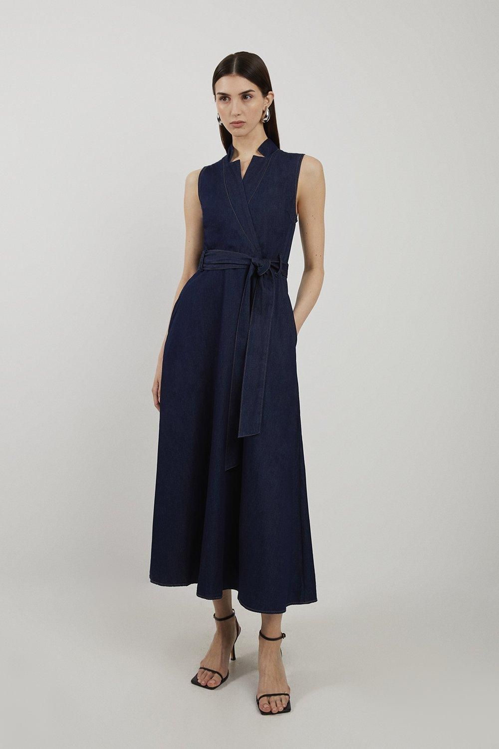 Denim Tailored Notch Neck Belted Fluid Midi Dress