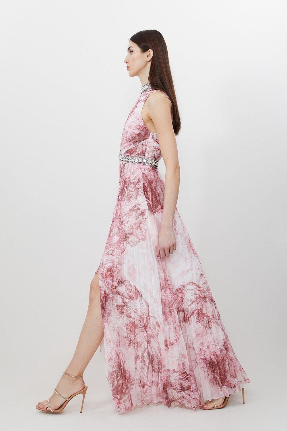 Abstract Floral Crystal Embellished Woven Split Maxi Dress