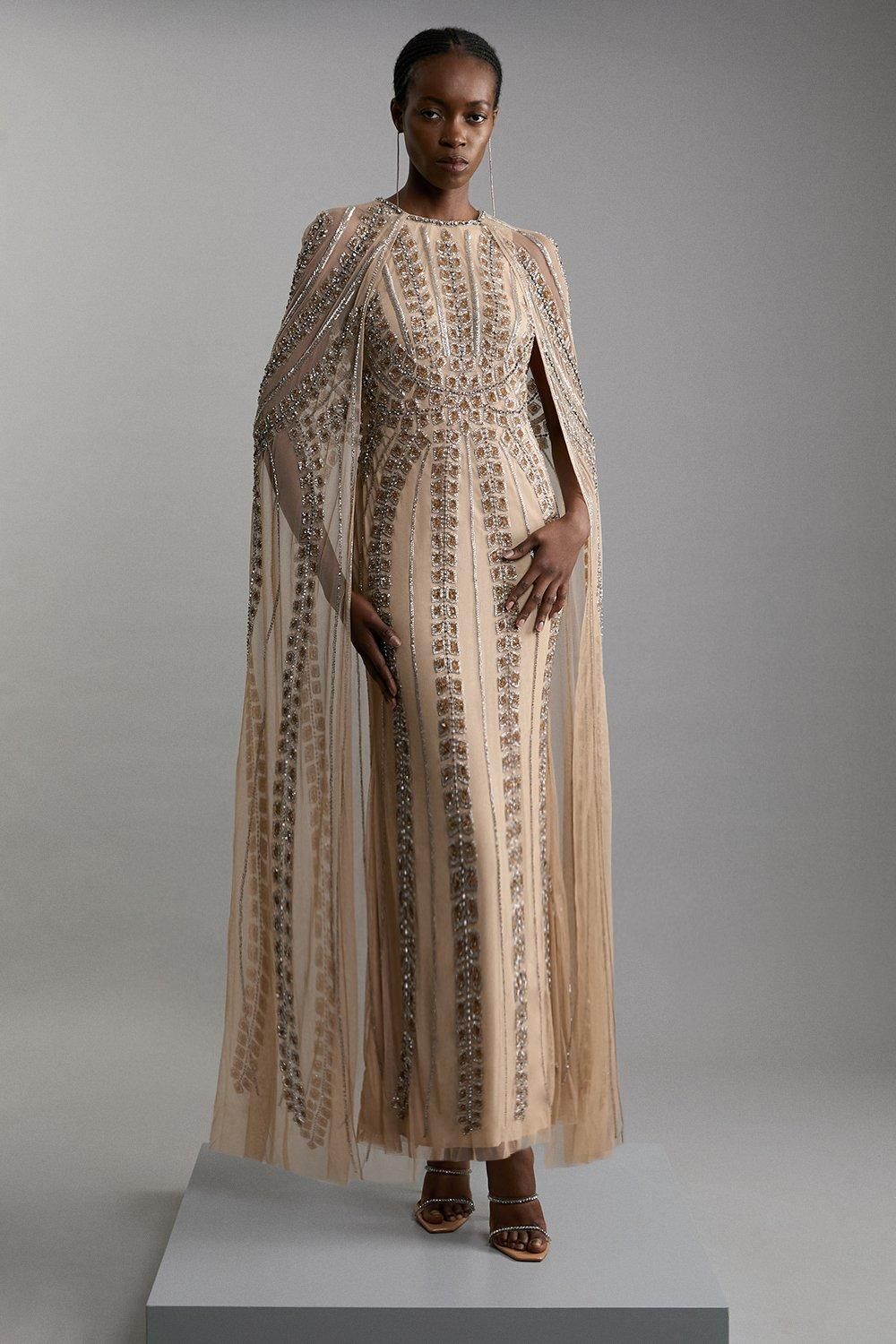 Premium Embellished Cape Maxi Dress