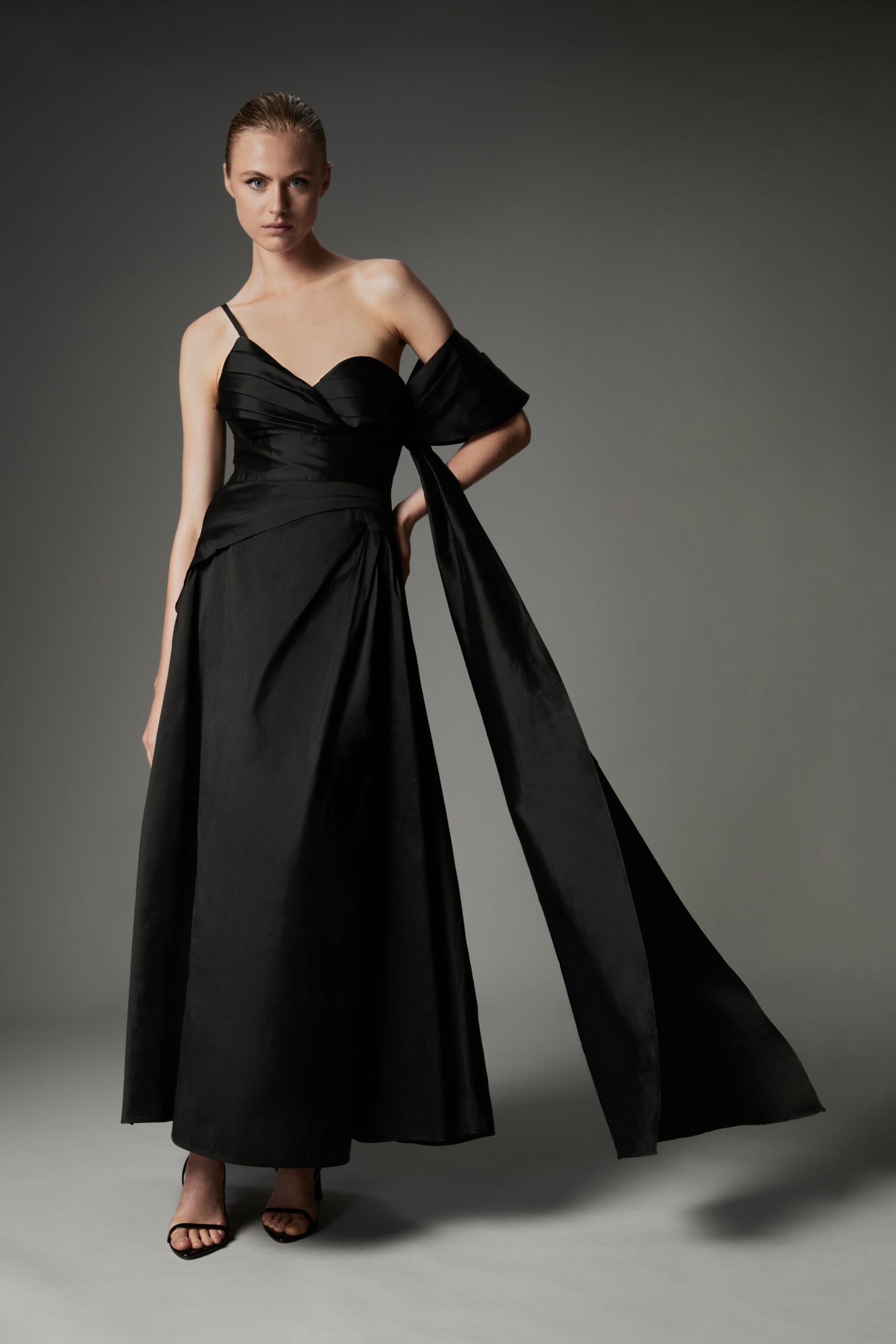 Archive Collection - Taffeta Draped Shoulder Midi Prom Dress