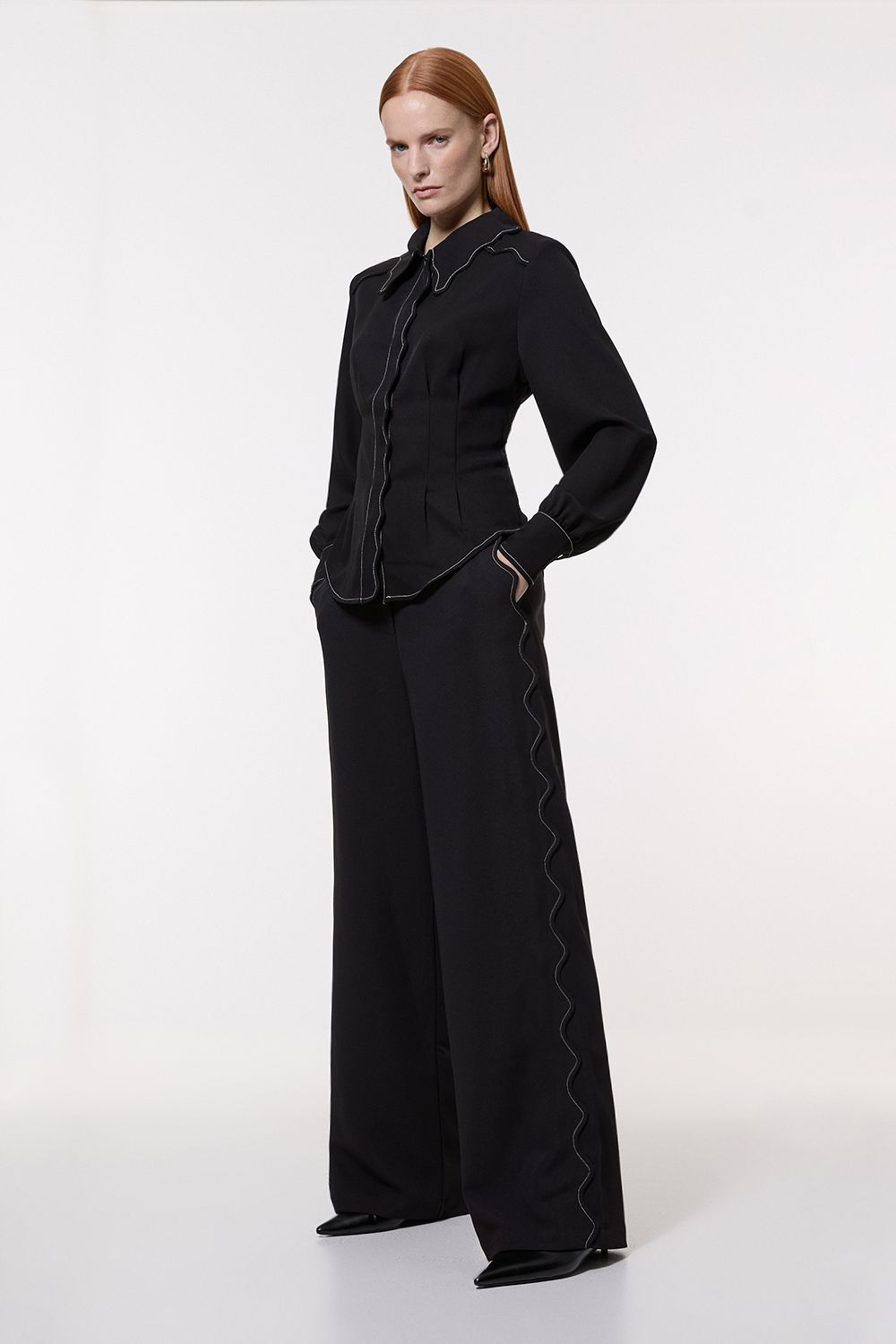 Scallop Trim Twill Woven Crepe Trouser