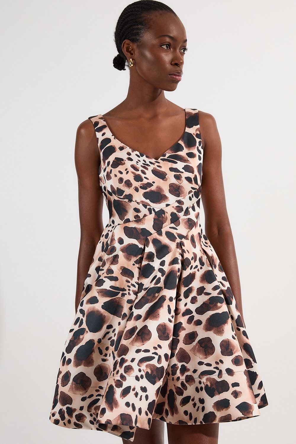Structured Viscose Satin Animal Print Tailored Prom Mini Dress