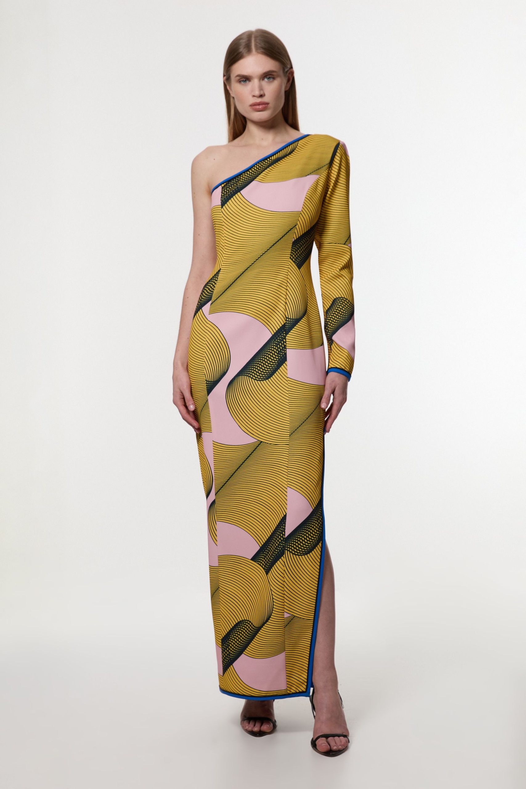 Amelia Graham Petite Printed Cady One Shoulder Maxi Dress