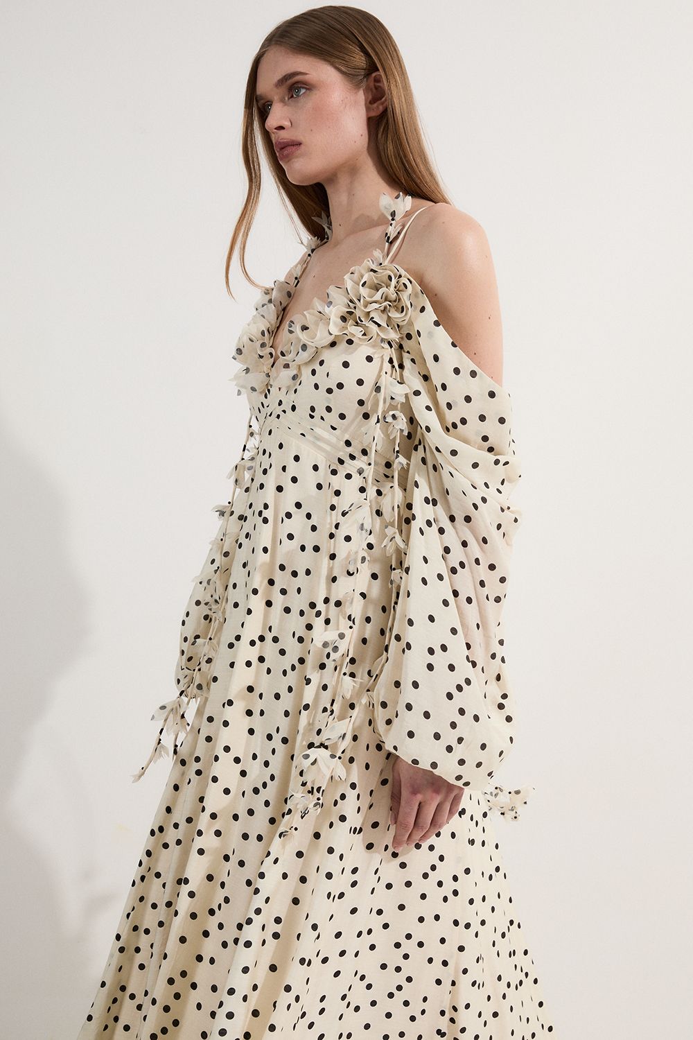 Applique Spot Printed Cold Shoulder Woven Maxi Dress