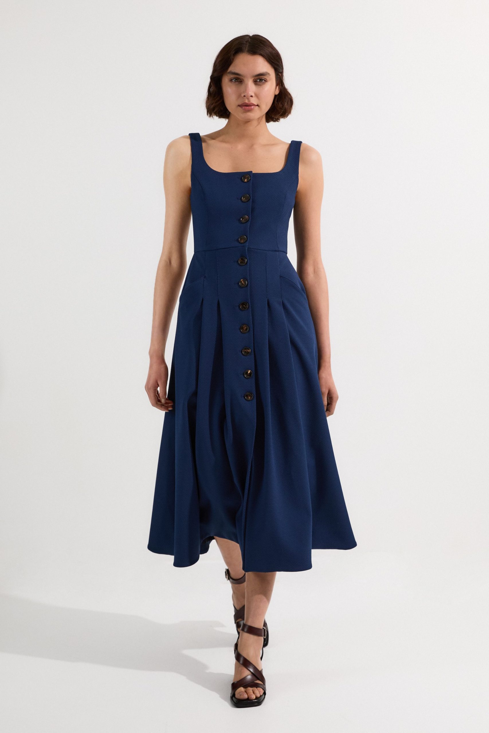 Tailored Textured Button Though Strappy Full Midi Dress