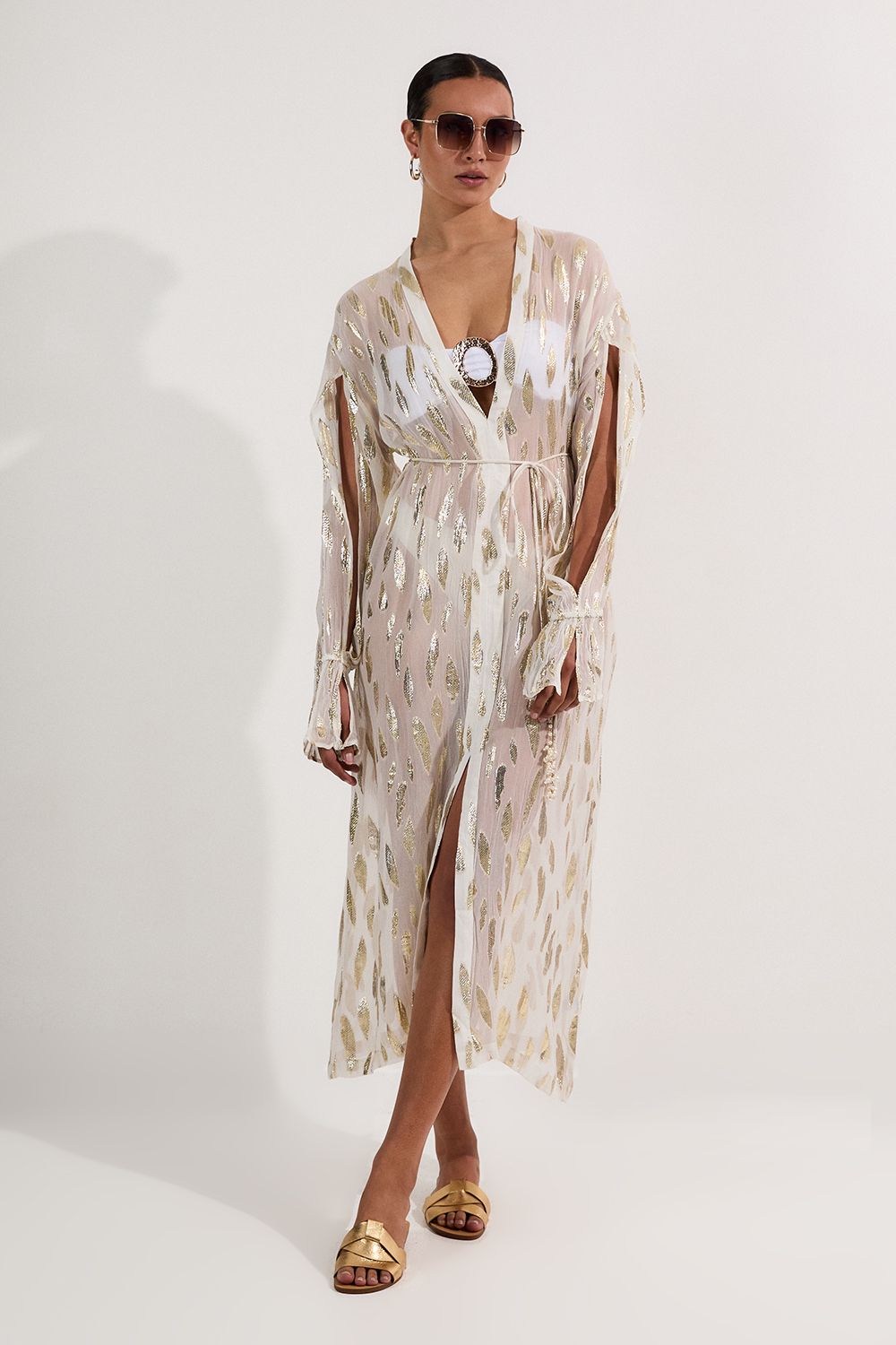 Beach Metallic Thread Plunge Shirt Maxi Dress