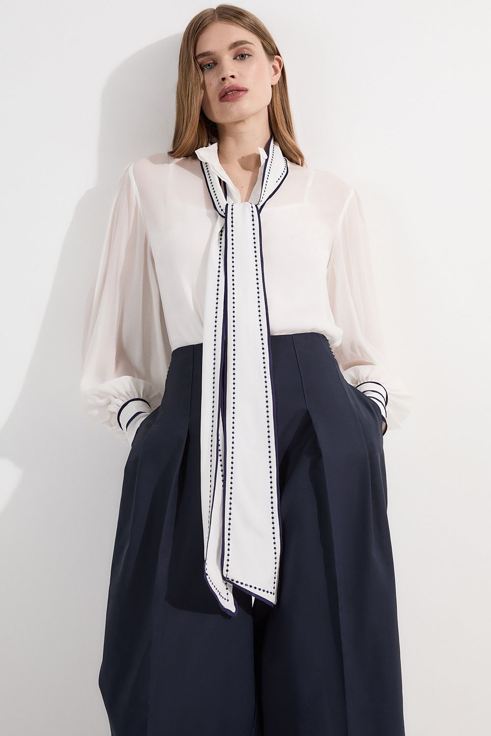 Archive Collection - Petite Balloon Sleeve Contrast Stitch Bow Woven Blouse