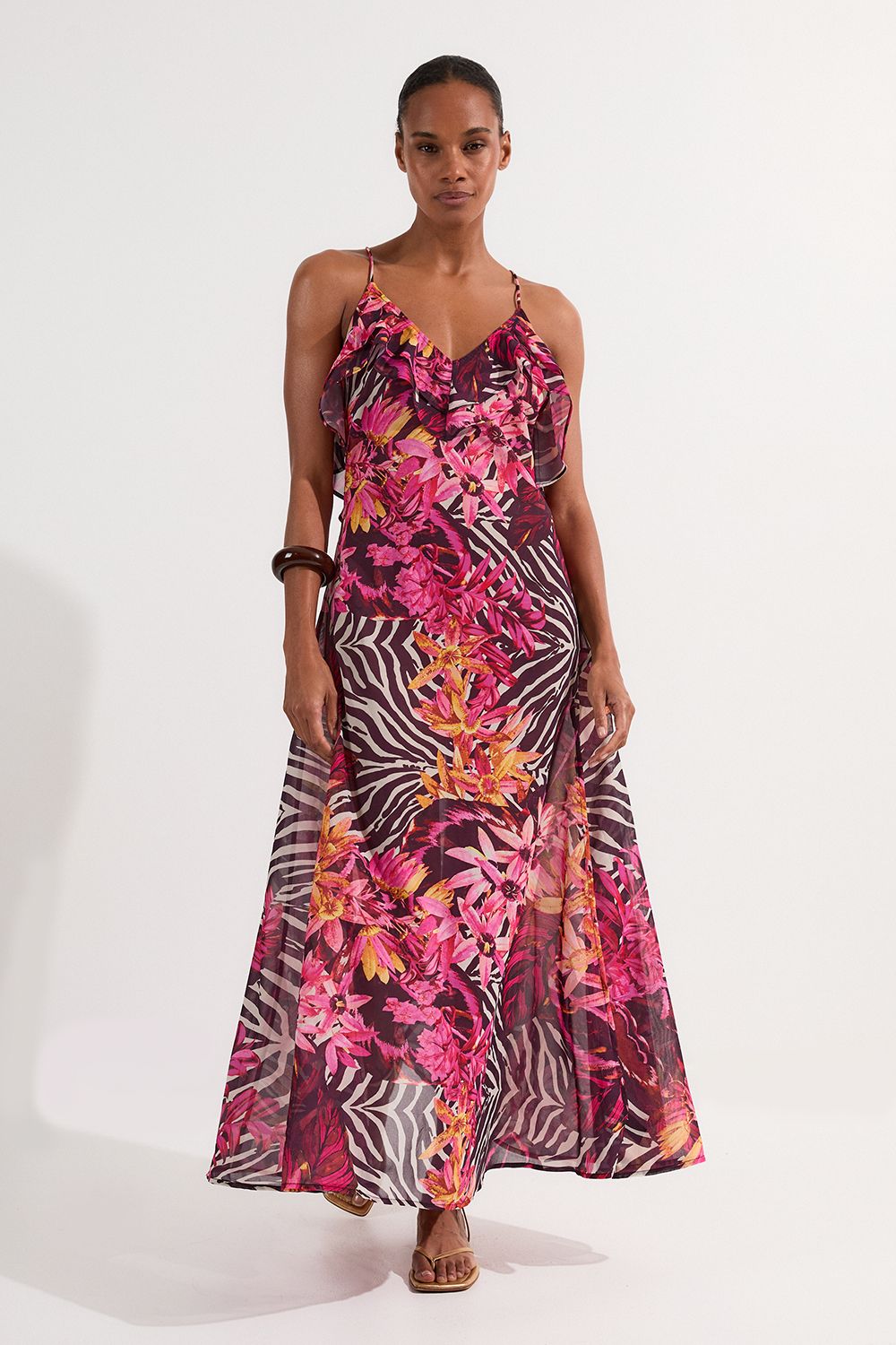 Beach Tropical Georgette Plunge Strappy Dress