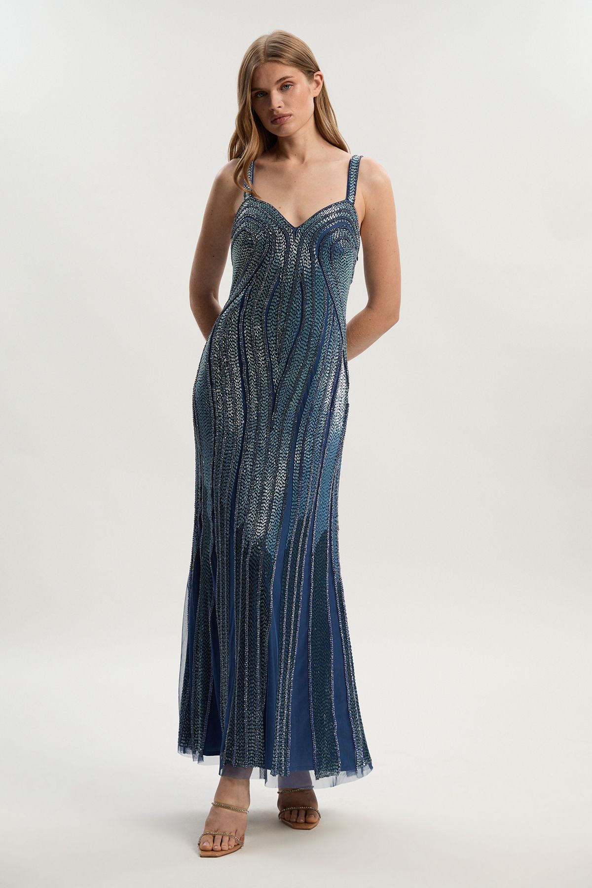 Beaded Contour Sweet Heart Neckline Woven Maxi Dress