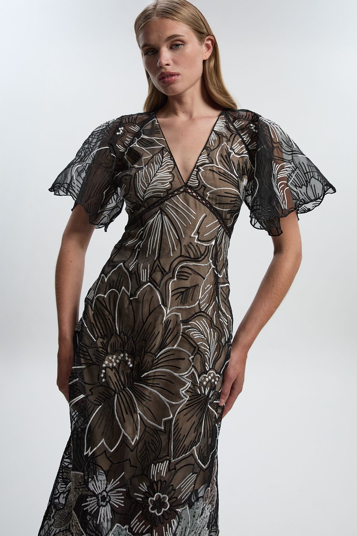 Hand Embroidered And Sequin Organdie Deep V Woven Maxi Dress