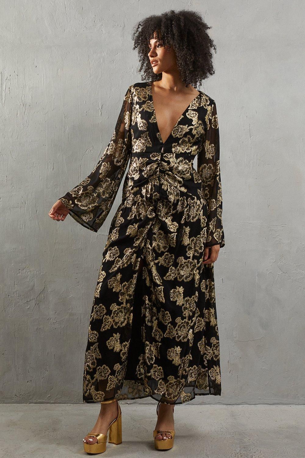 Metallic V Plunge Maxi Dress