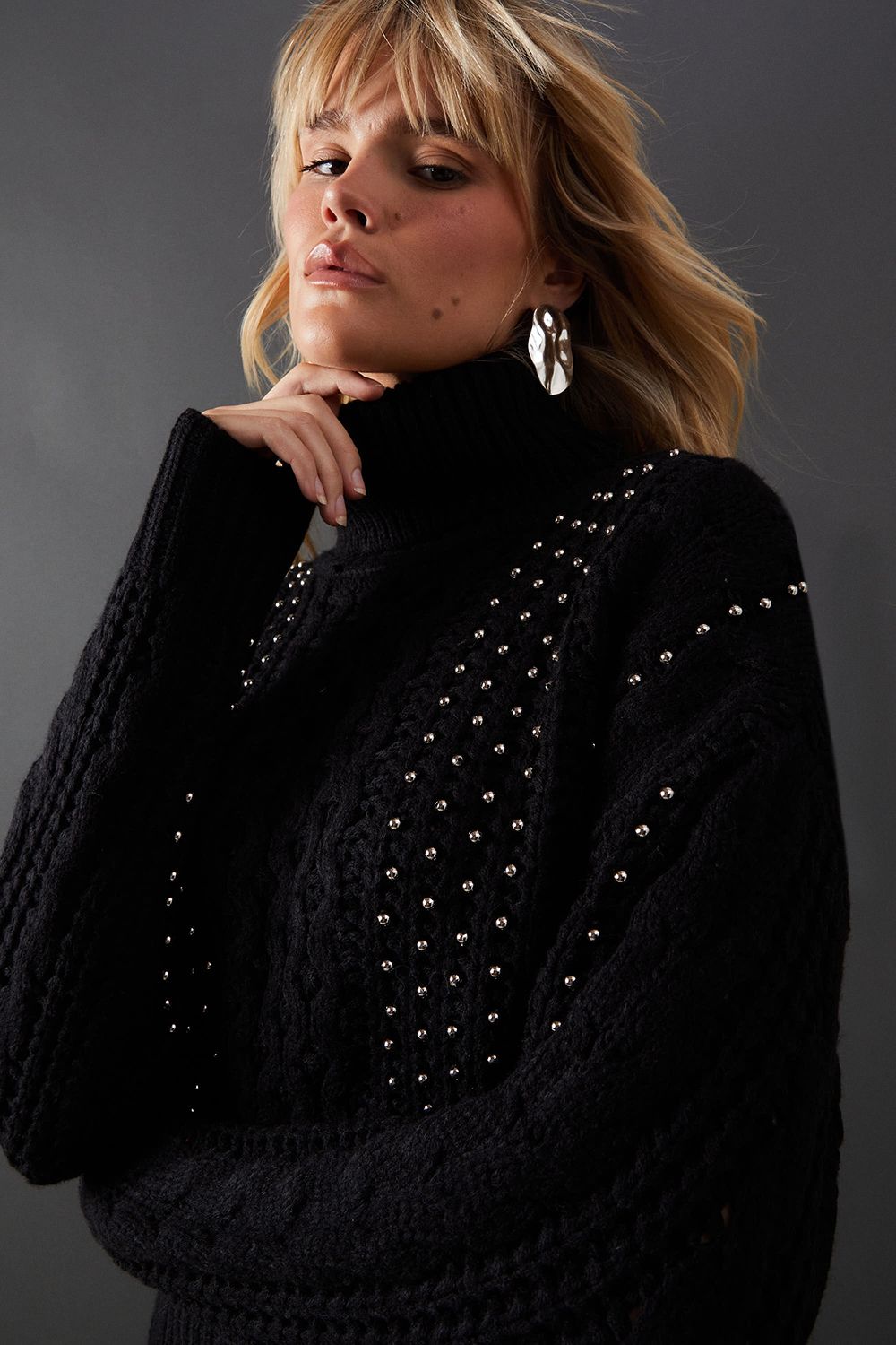 Beaded Cable Knit Roll Neck Jumper