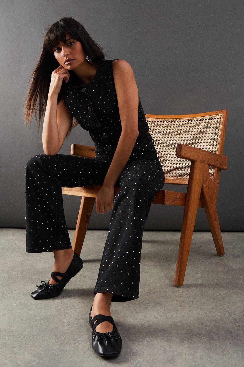 Denim All Over Hotfix Straight Leg High Waisted Jean