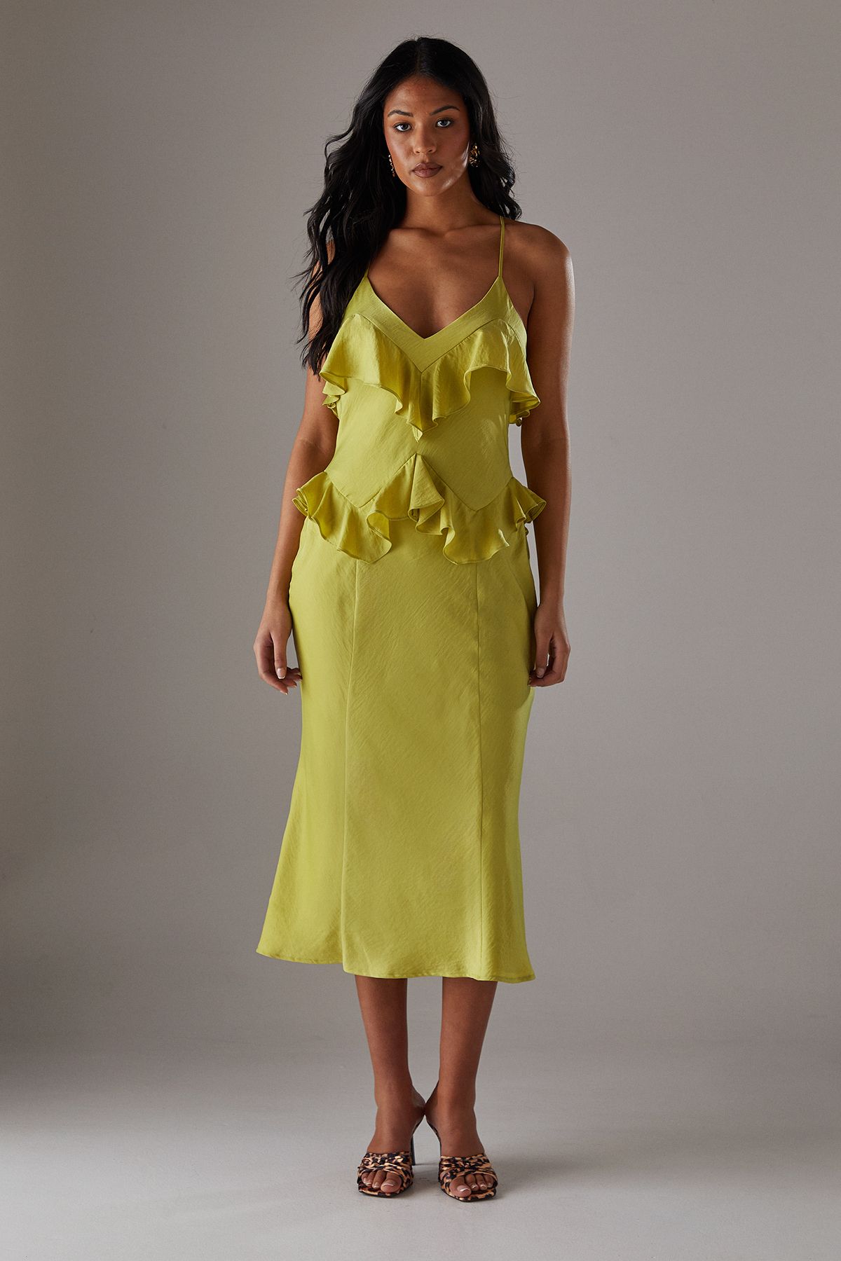 Ruffle Detail Bias Satin Dress