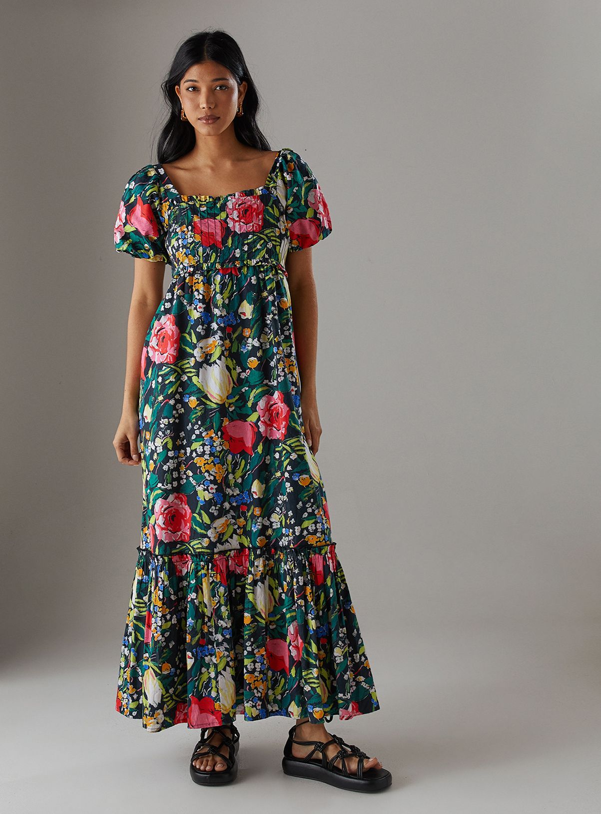 Poplin Pintuck Bodice Square Neck Midi Smock Dress