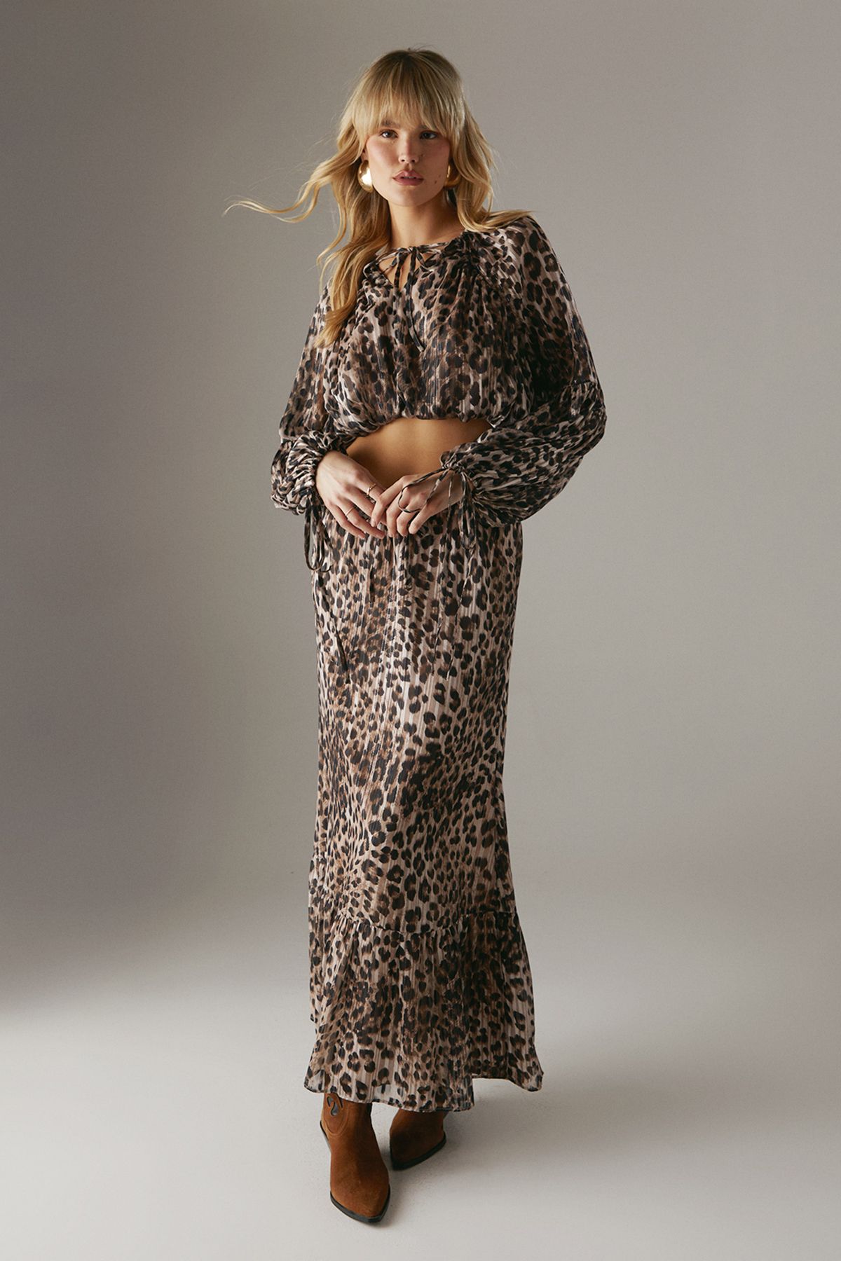 Animal Shadow Stripe Cropped Bubble Hem Boho Blouse