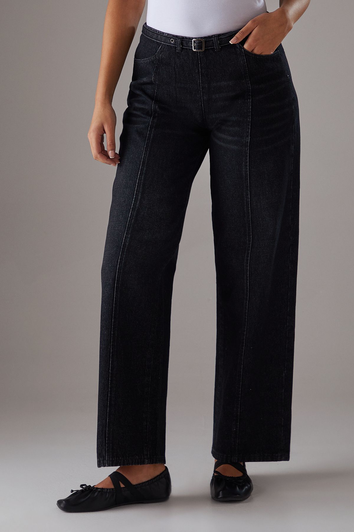 Denim Low Rise Seam Detail Belted Wide Leg Jean
