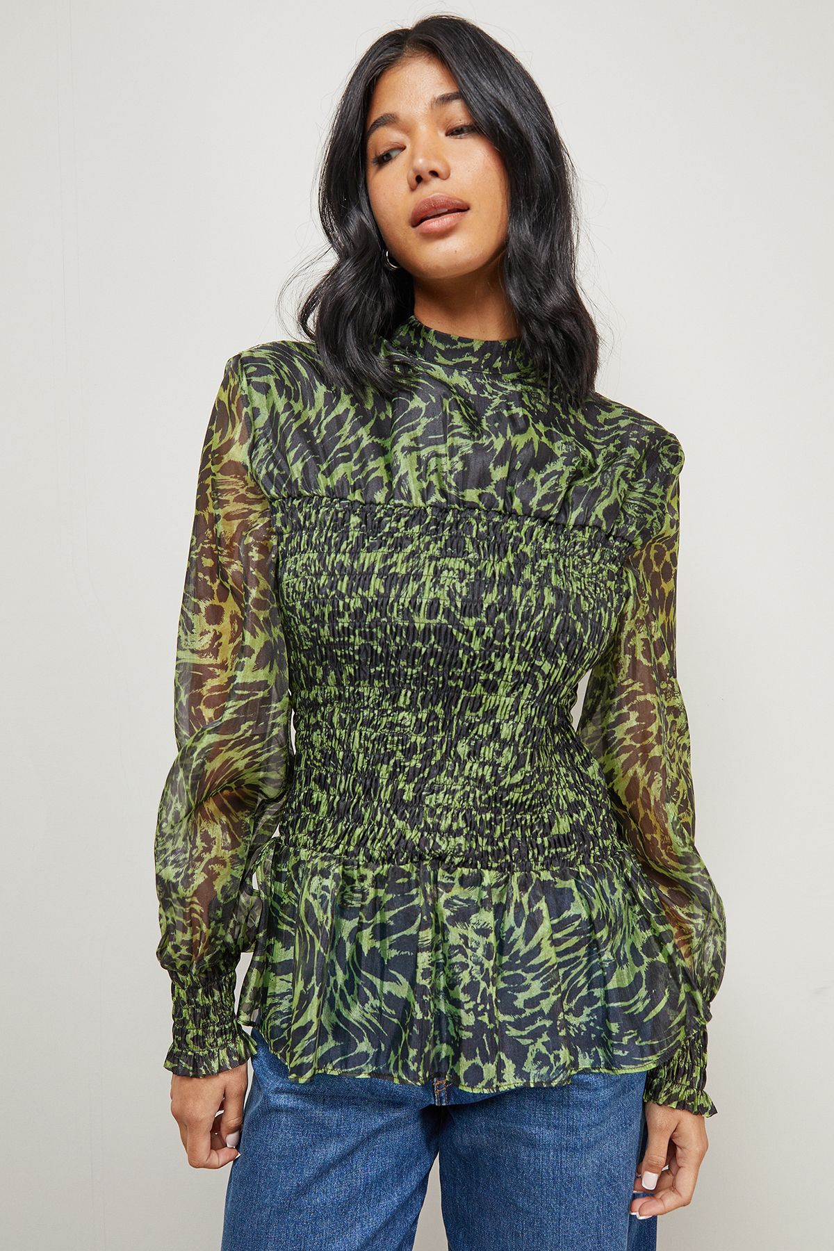 Animal Organza Shirring Blouson Sleeve Shirt