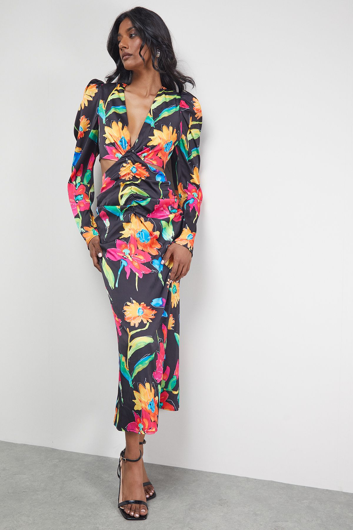 Satin Cut Out Waist Plunge Neck Midi Dress