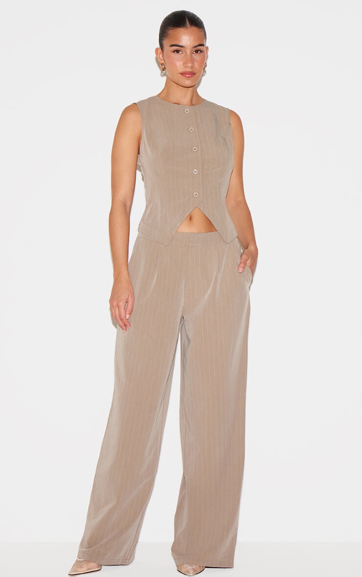 Beige Tailored Pinstripe Wide Leg Trousers