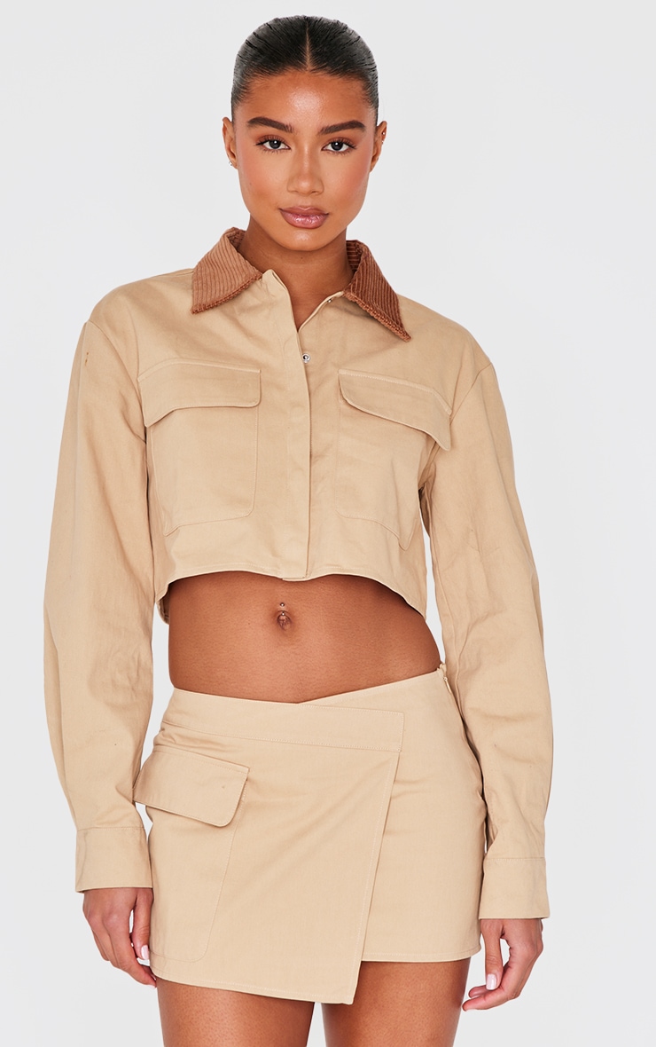Beige Woven Cropped Cargo Jacket