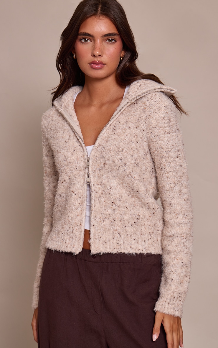 Beige Marl Zip Through Cardigan