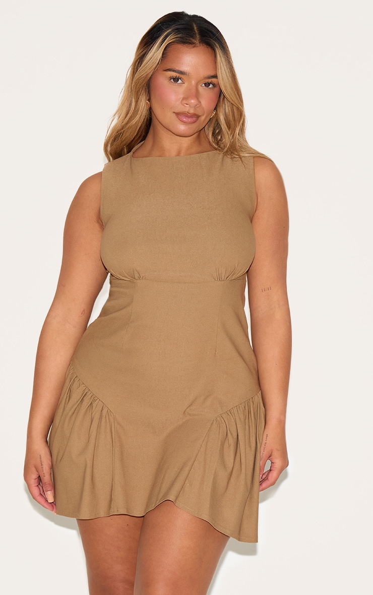 Shape Khaki Stretch Woven Boat Neck Cinched Mini Dress