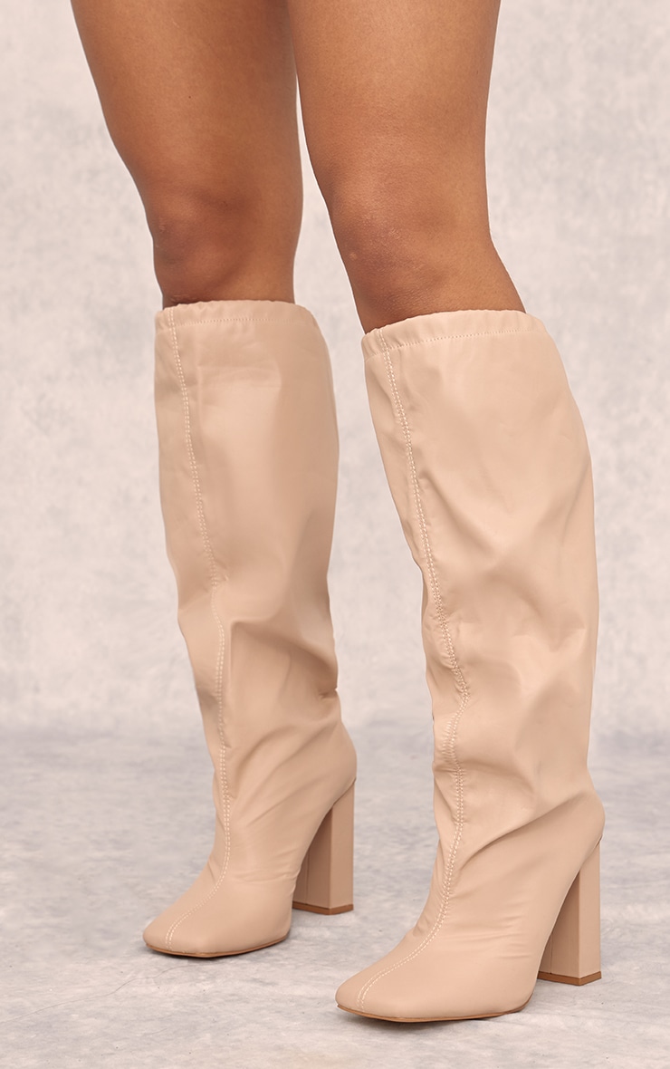 Beige Wide Fit PU Square Toe Knee High Block Heel Toggle Boots