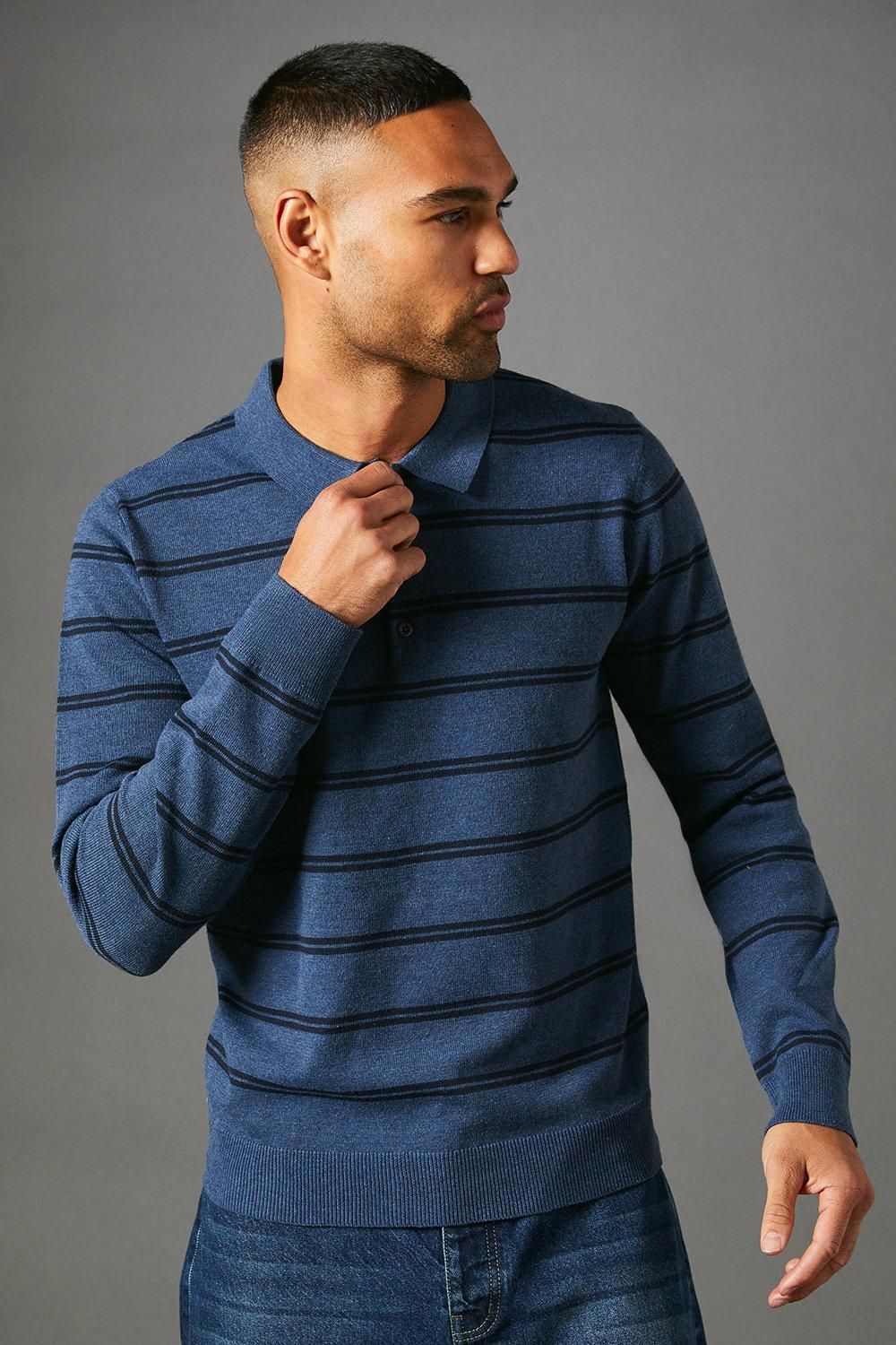 Blue Stripe Long Sleeve Knitted Polo